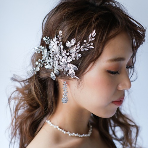H-047　ウェディング アクセサリー【 小枝 シルバーフラワー＆リーフ ヘッドドレス 】ブライダル 髪飾り