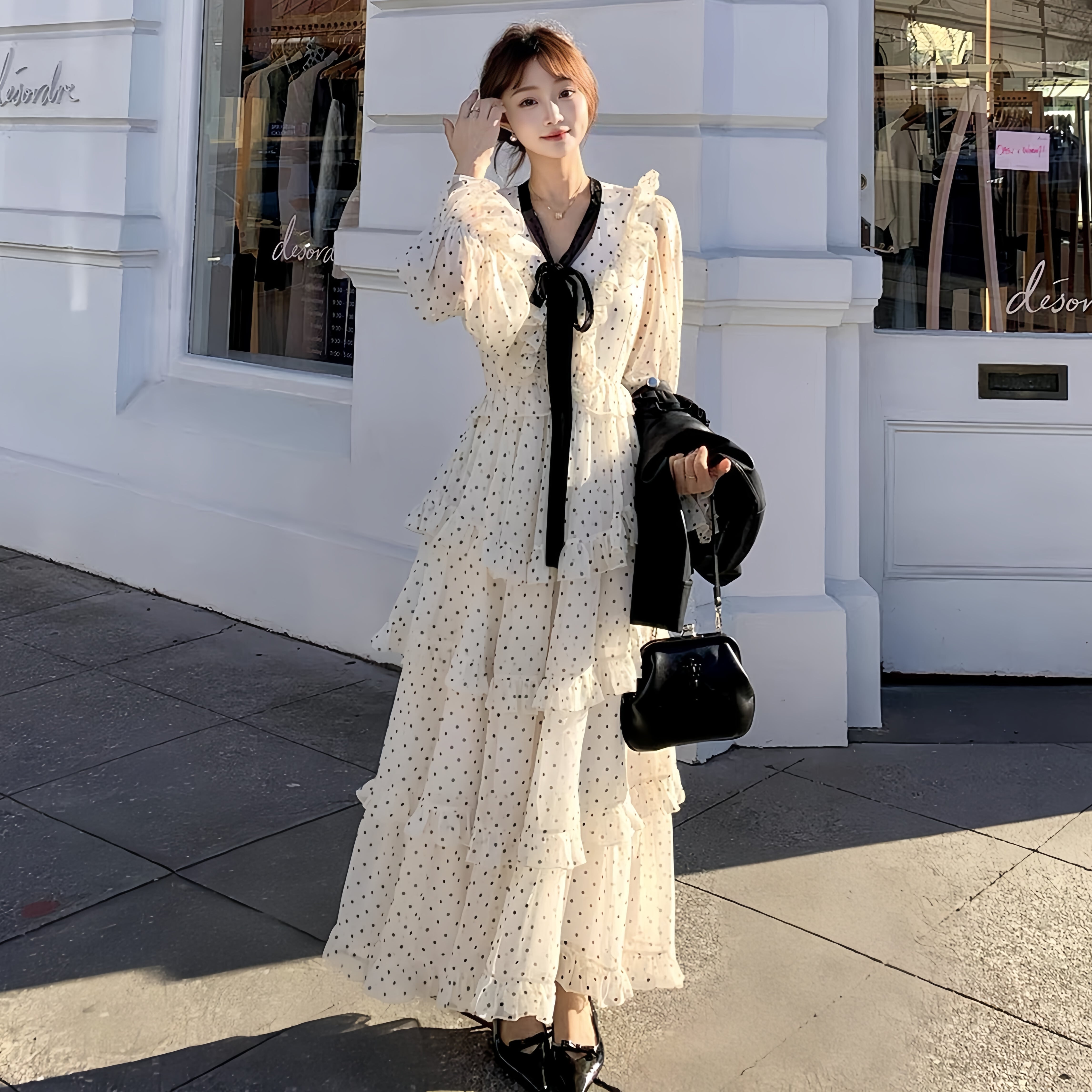 【dress】ビッグリボンドット柄ティアードワンピース N3324