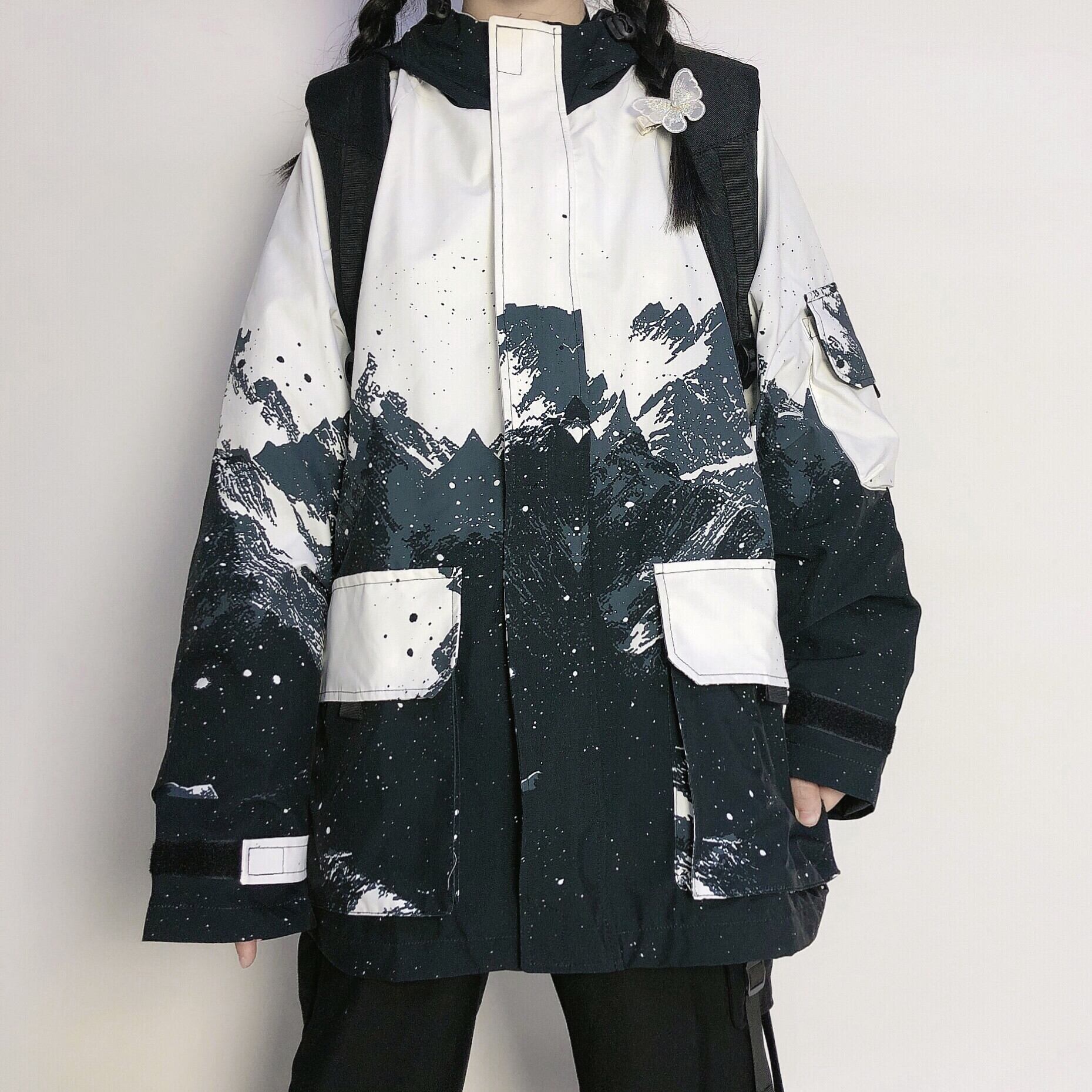 【アウター】男性と女性のための雪の山のデザインとフード付きのルーズウインドブレーカージャケット 2109191413J