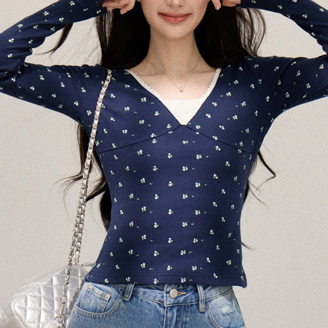 フラワー柄レースレイヤードVネックトップス A35