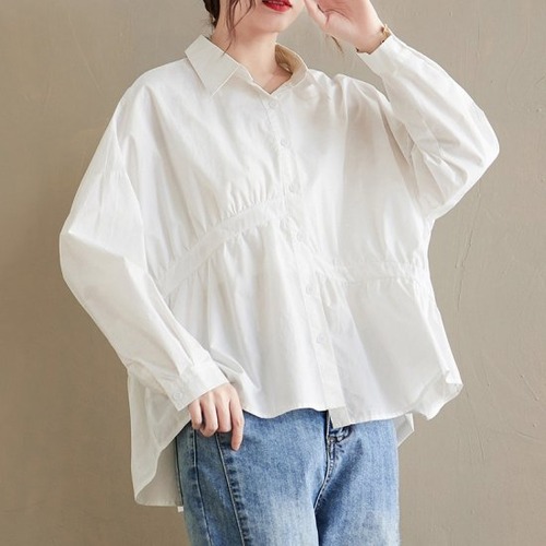 シャツ ブラウス レディース 韓国 ファッション アシメ ふんわり ギャザー アシメントリー Aライン かわいい ナチュラル 大人カジュアル 春秋 ギャザー フェミニン ブラウス シャツ レディース