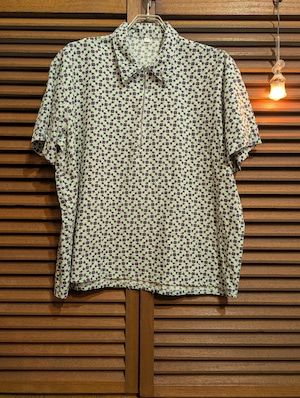 80s Euro Black Green Geometric Pattern Zip Pullover Short Sleeves