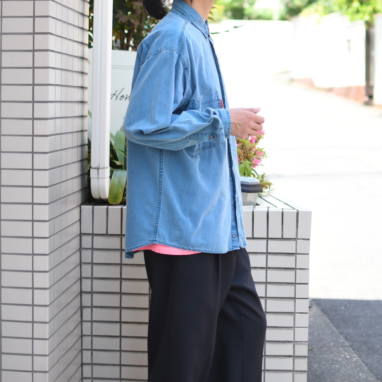 fade blue double pocket plain weave cotton shirt