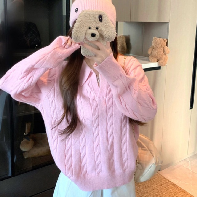 3colorsトップス セーター POLOネック ゆったり ケーブルニット ピンク ベージュ イエロー