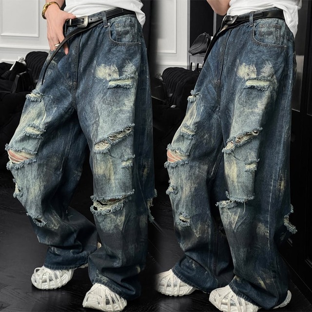 LDDビンテージ加工ダメージ入りデニムワイドパンツ