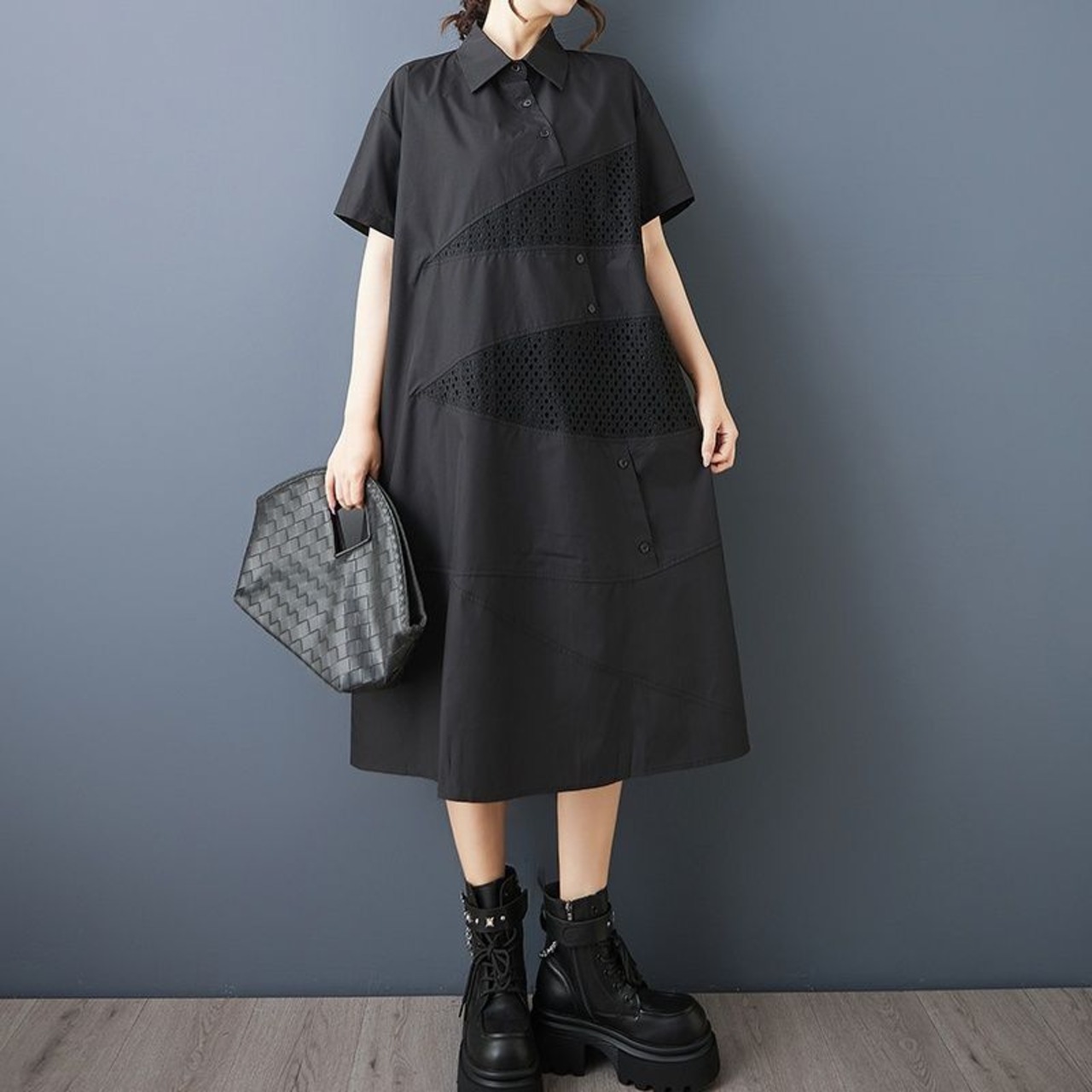 パンチング アシンメ切替 シャツワンピース30251