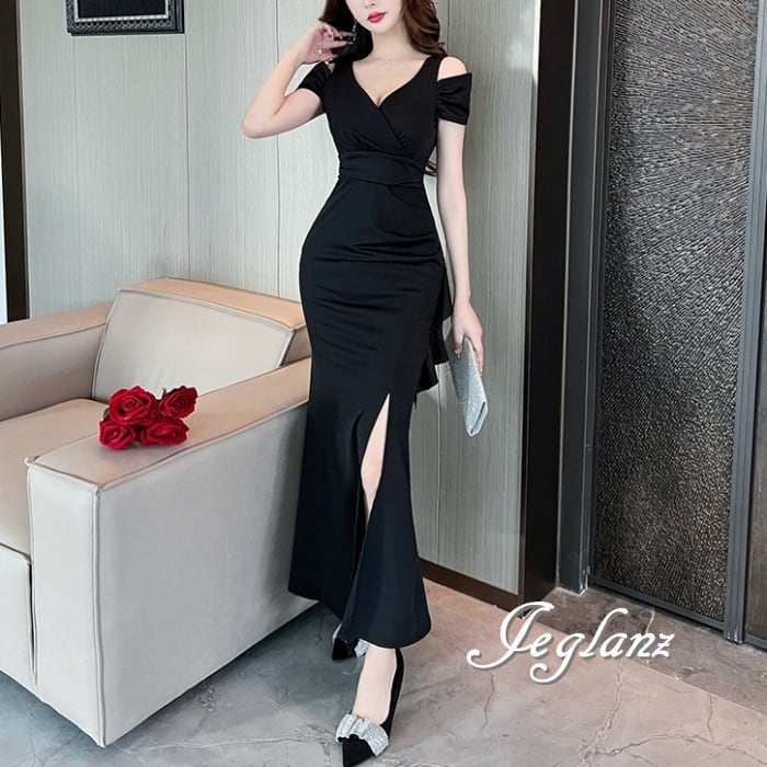 3色 パーティ ドレス オープンスリーブ ディープスリット 肌見せ (M4366)ζ