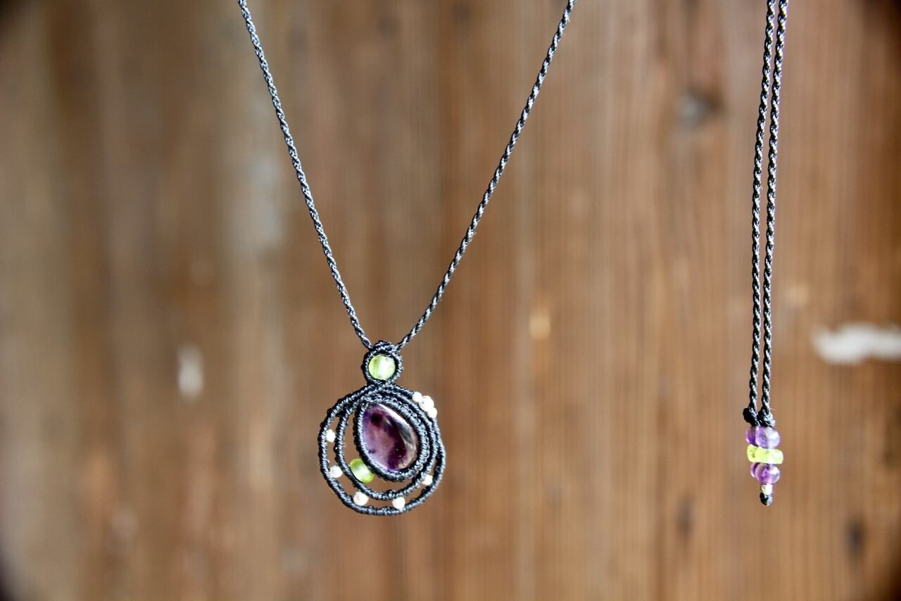 Trapiche amethyst micromacrame moon pendant