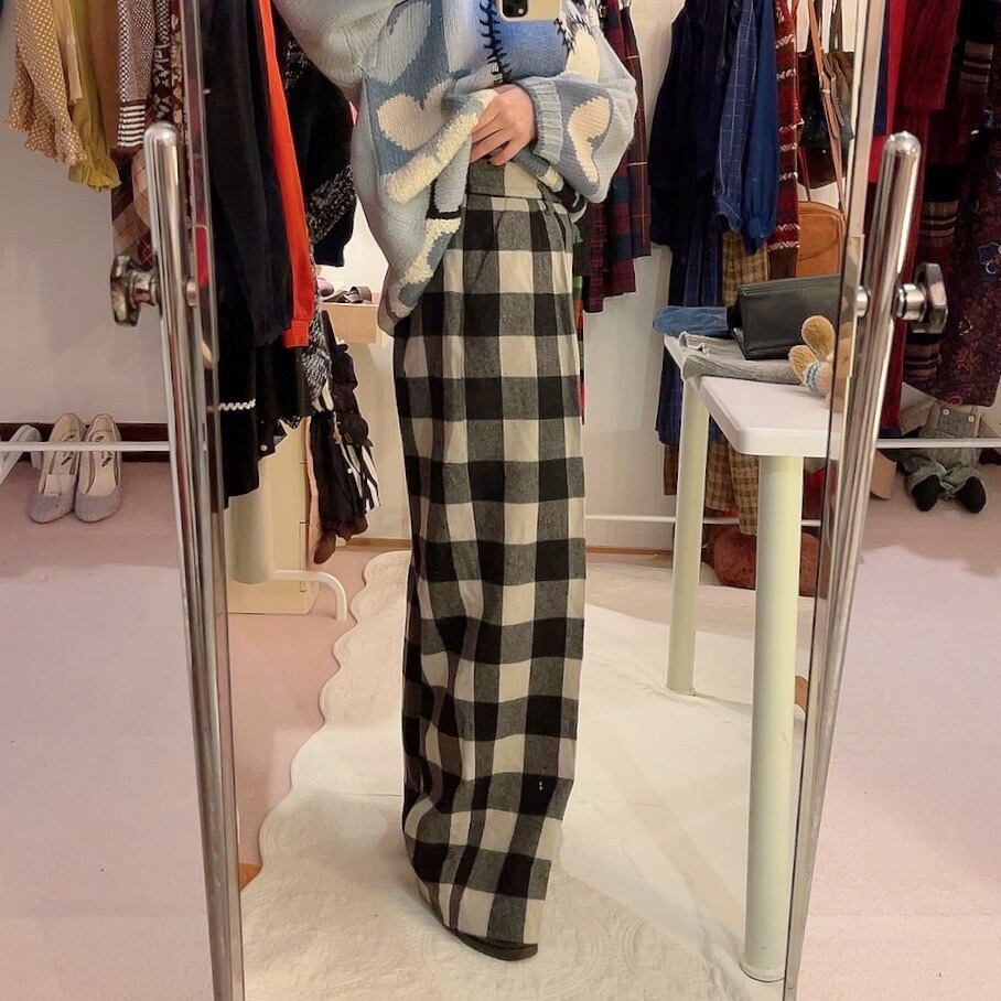 block check wool wide pants