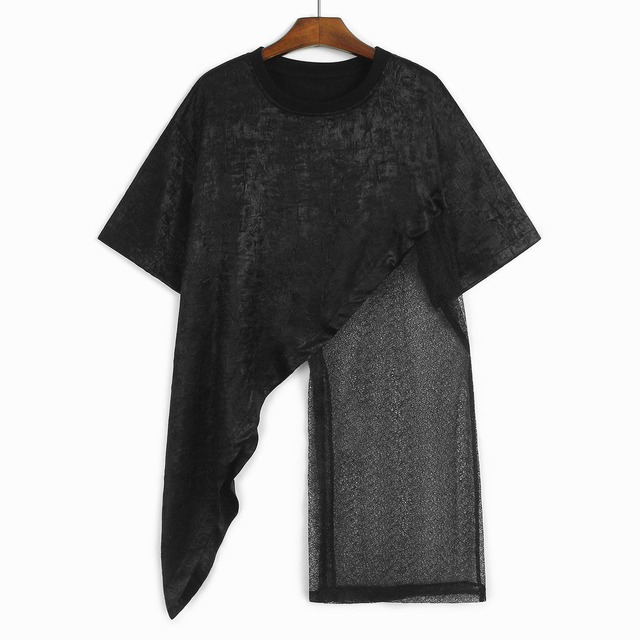 SATIN MESH ASYMMETRIC SHORT SLEEVE T-SHIRT M-17442
