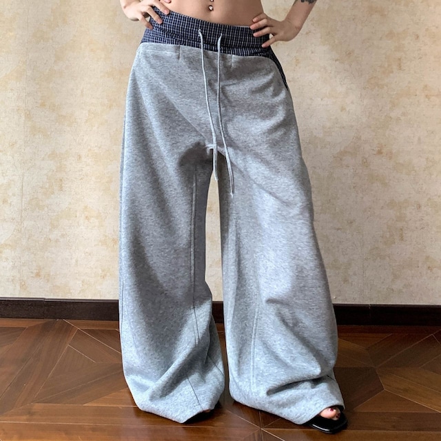 チェックレイヤードドローストリングワイドパンツ 2col R01663