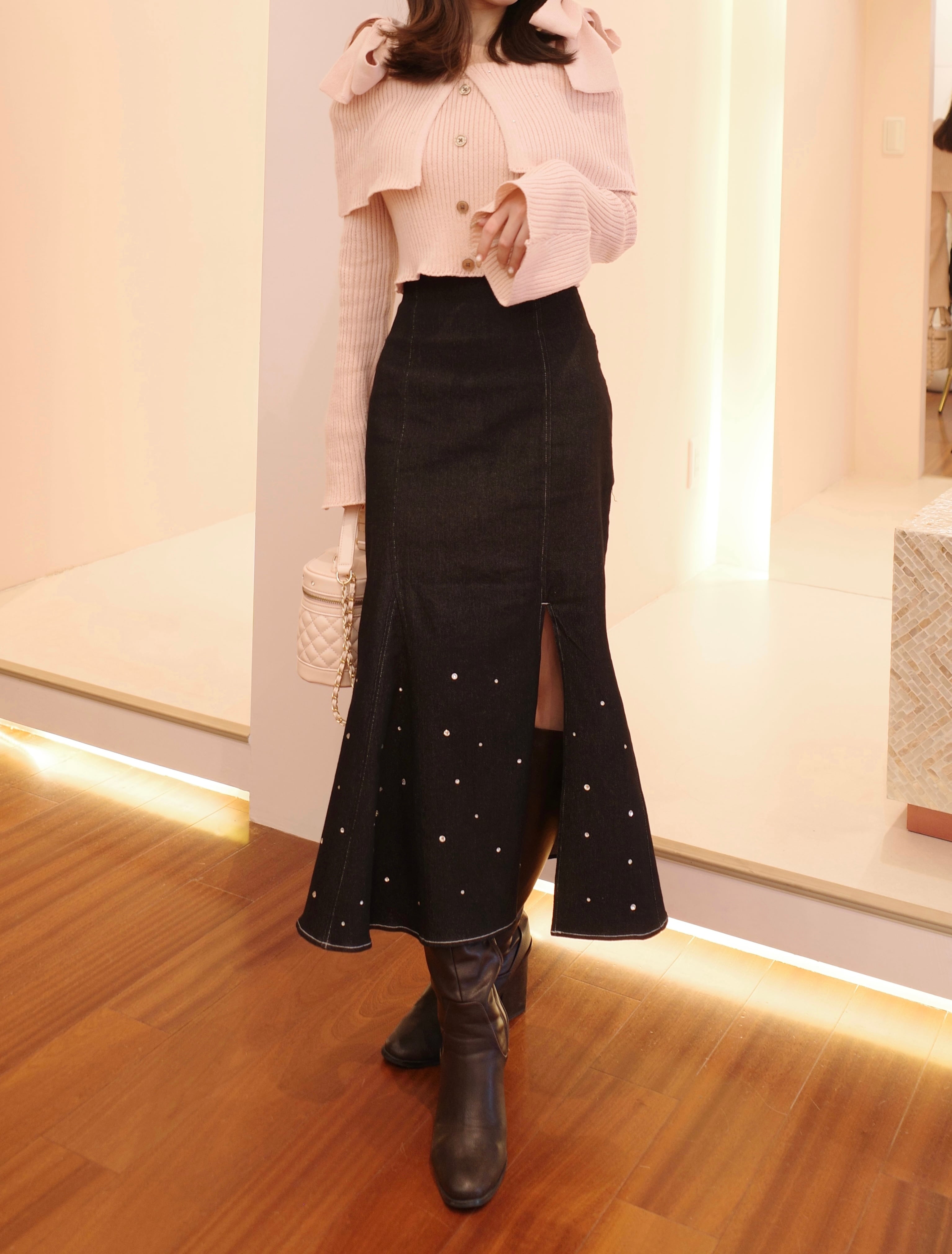 original/再入荷】rhinestone knit set up(pink beige) | POMME d