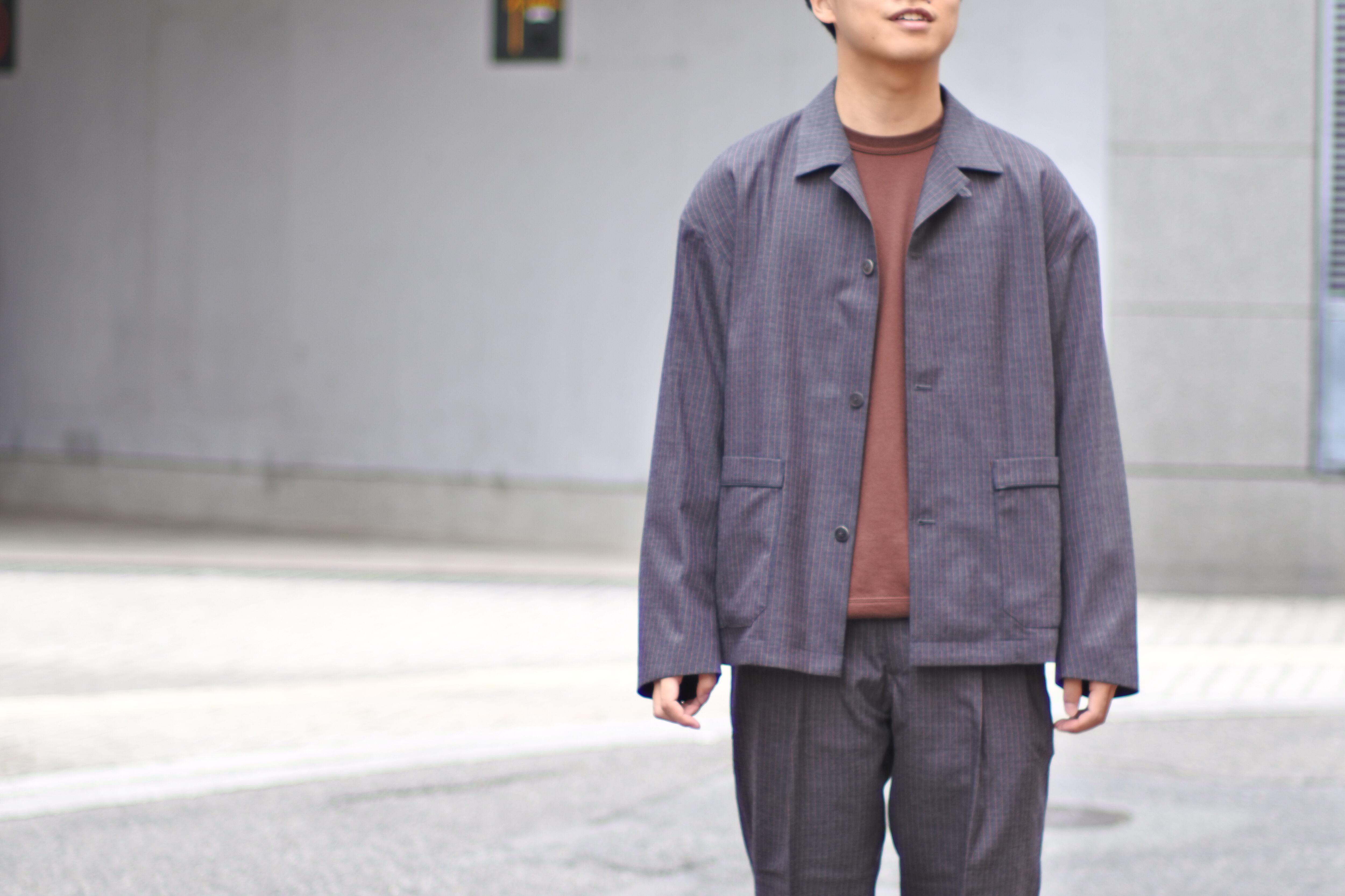 【Phlannèl】Winter Stripe French Sleeping Jacket Gray×Red