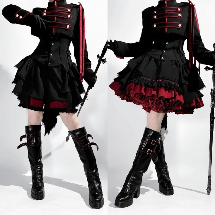 漆黒に紅を纏う近衛隊 軍服風ゴスロリ レッドスカート6点セット|予約商品11月以降出荷