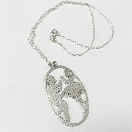 Early 1900s〜 Antique Silver Dancing Couple Openwork Pendant Necklace Made In Hungary