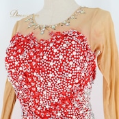 社交ダンス 衣装 スタンダードドレス ドレス ワンピース 赤 フリル レース デモ 競技 ダンス パーティ 発表会 豪華 華やか 真っ赤 上品 レッド系 フリルレース おしゃれ デザイン 競技用 衣装 女性用 パフォーマンス ステージ衣装 ステージパフォーマンス