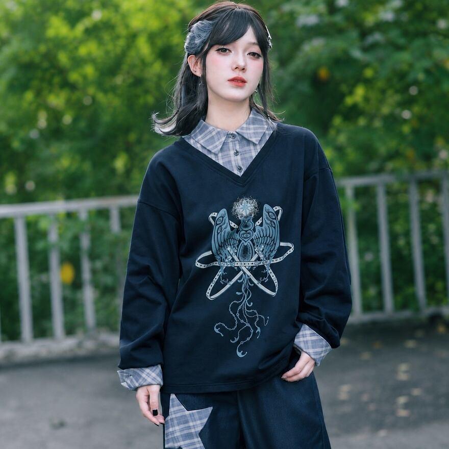 madpunks 長袖シャツ gothic archiveサブカル 地雷 深海に揺れる秘蜜 チェック柄レイヤード風サブカル地雷系長袖Tシャツ