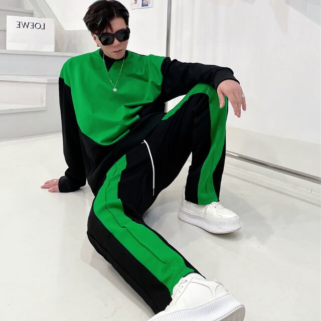 【予約販売】メンズ セットアップ 無地 バイカラー ライン ジップアップ ブラック×グリーン ツートン スエット カジュアル モード きれいめ 男前 パンツ セット ジャージ ジム スポーティー ダンス ジム 韓国 トレンド 大きいサイズ L/XL