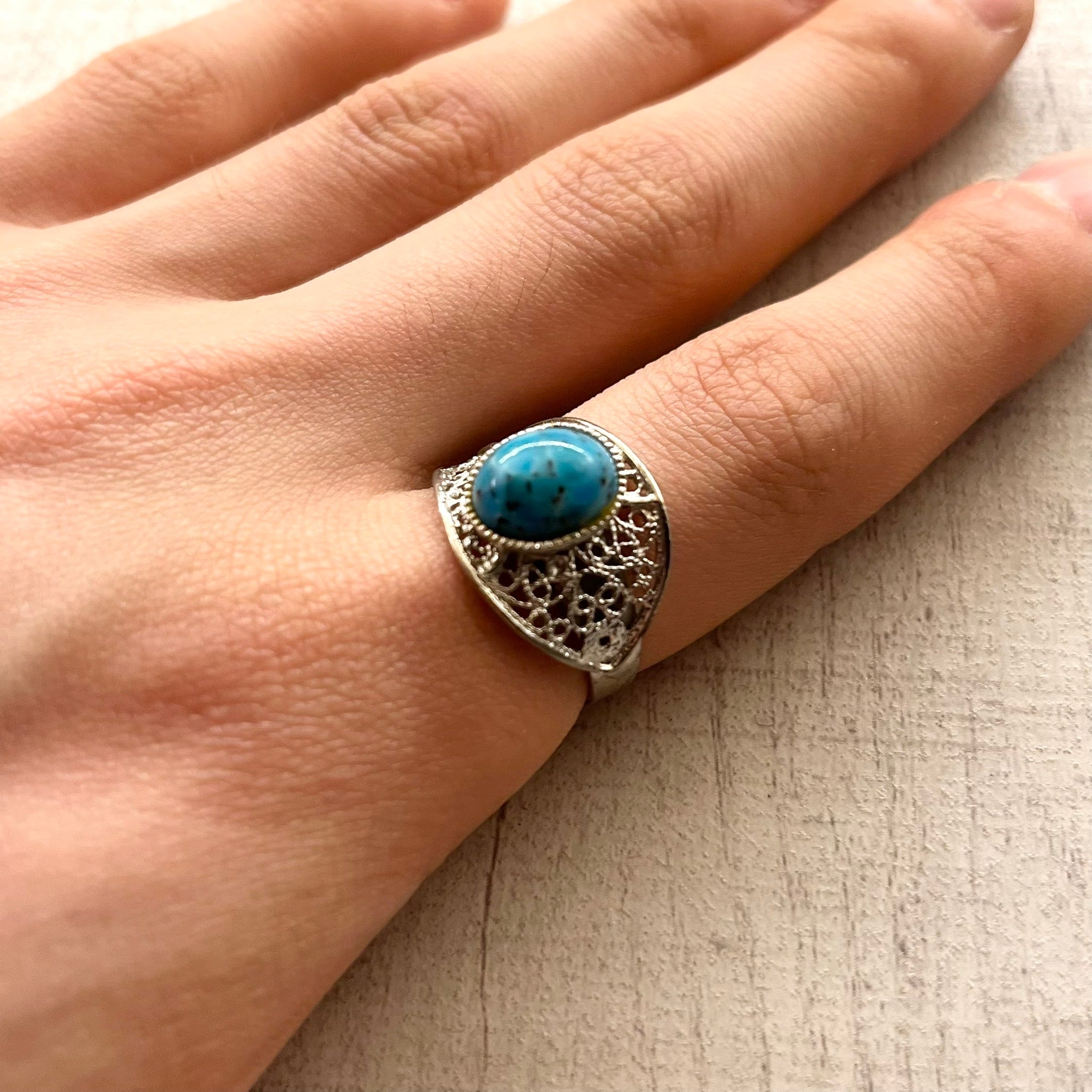 TURQUOISE STONE FILIGREE DESIGN RING -SILVER925- フィリグリー