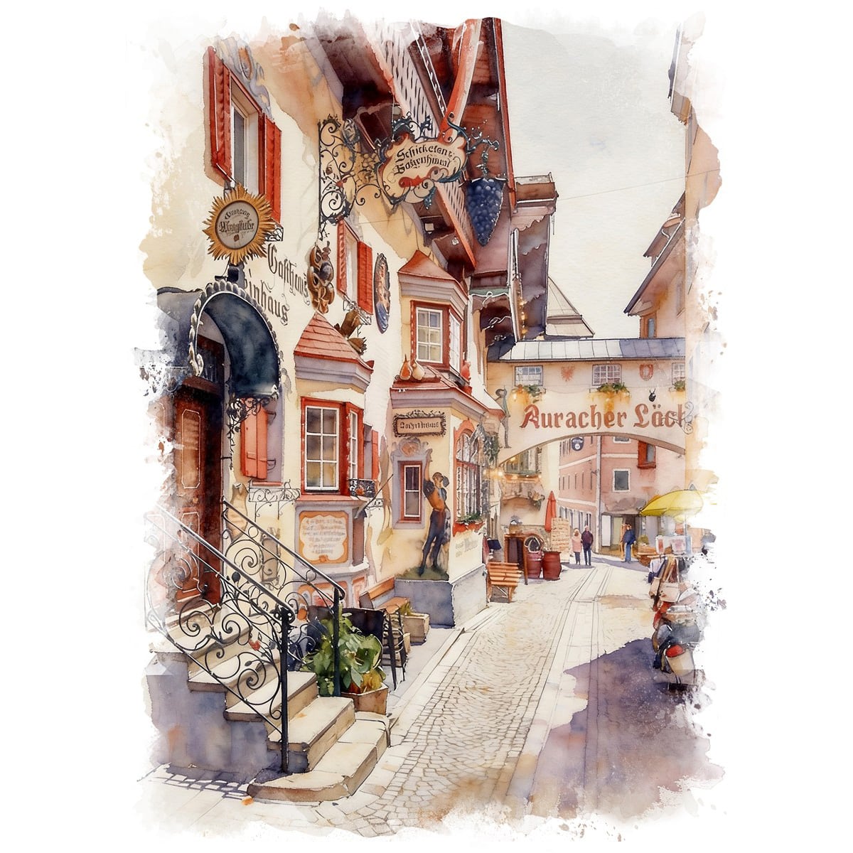 絵画 オーストリア 風景画(街並み) チロル クーフシュタイン インテリアアート額付き 水彩画・油絵調 WAT0497
