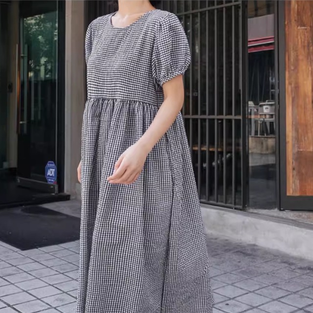 ギンガムチェック パフスリーブ Aライン ワンピース   00077