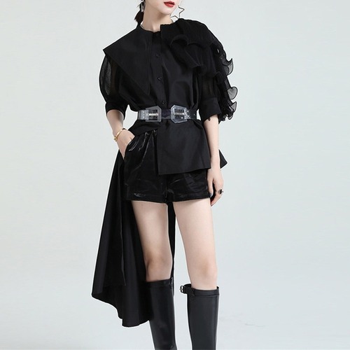 sheer puff sleeve asymmetry tops / l0819
