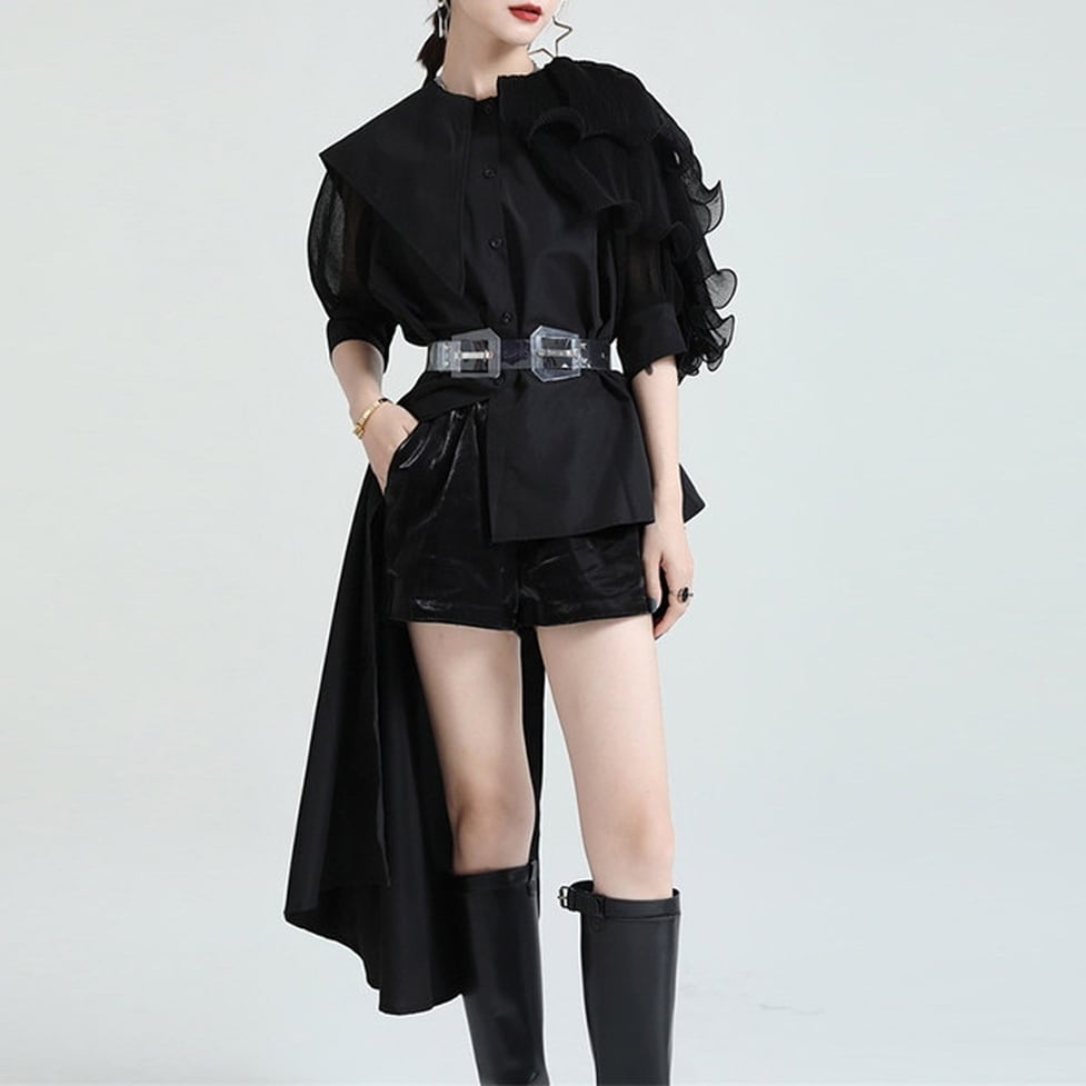 sheer puff sleeve asymmetry tops / l0819