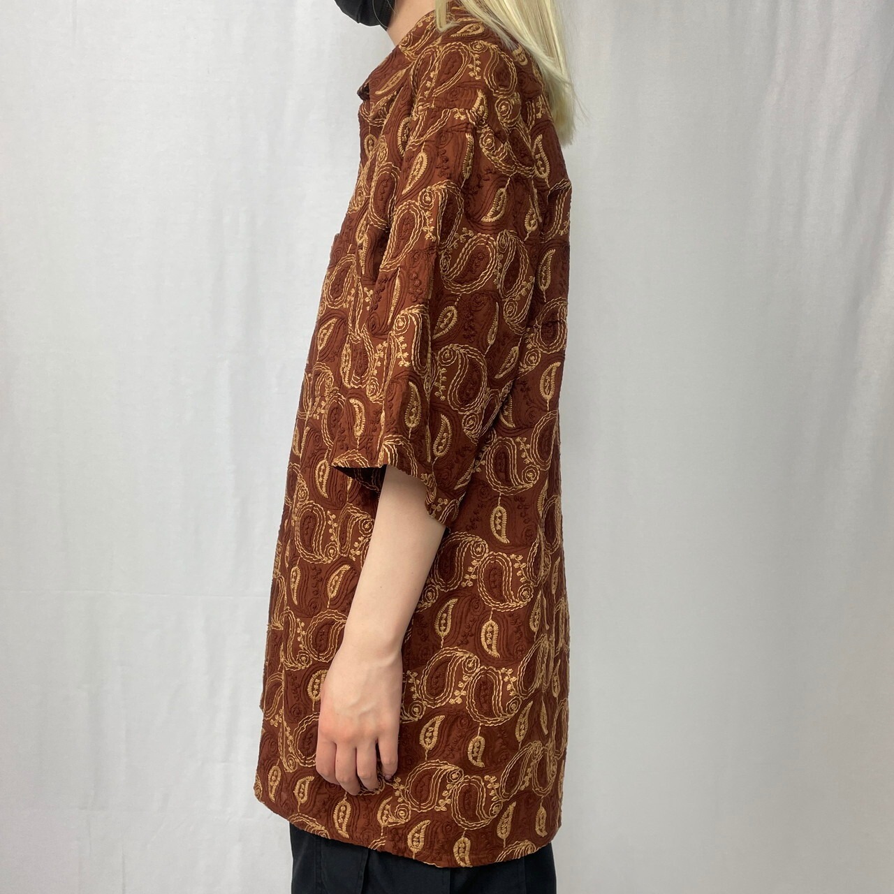 総刺繍 ペイズリー柄 コットン 総柄シャツ メンズXL相当 古着 ブラウン 
