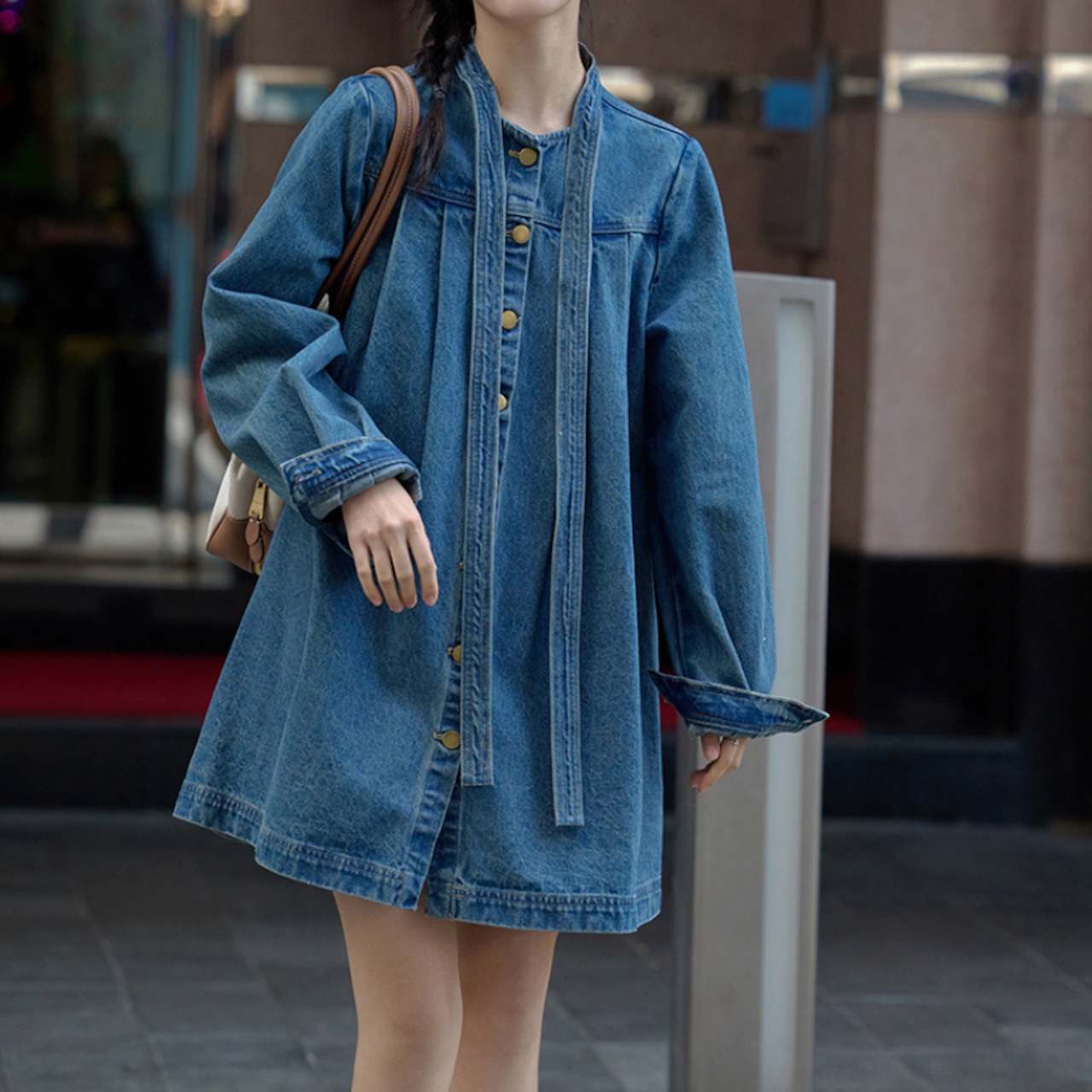 denim ribbon one-piece J00135