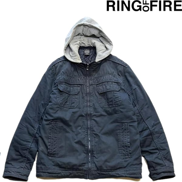 1点物◇フード付き紺ビンテージ加工ミリタリージャケット古着LメンズXL