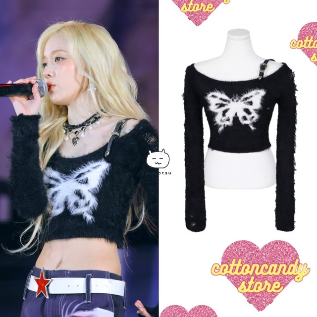 ★AESPA ウィンター 着用！！【COTTONCANDYSTORE】オフショルダー 蝶 フラッピー セーター