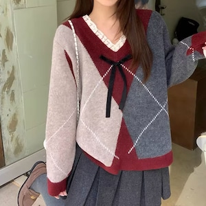 2色/レースVネックアーガイルニットトップス ・74197 2色/レースVネックアーガイルニットトップス ・74197