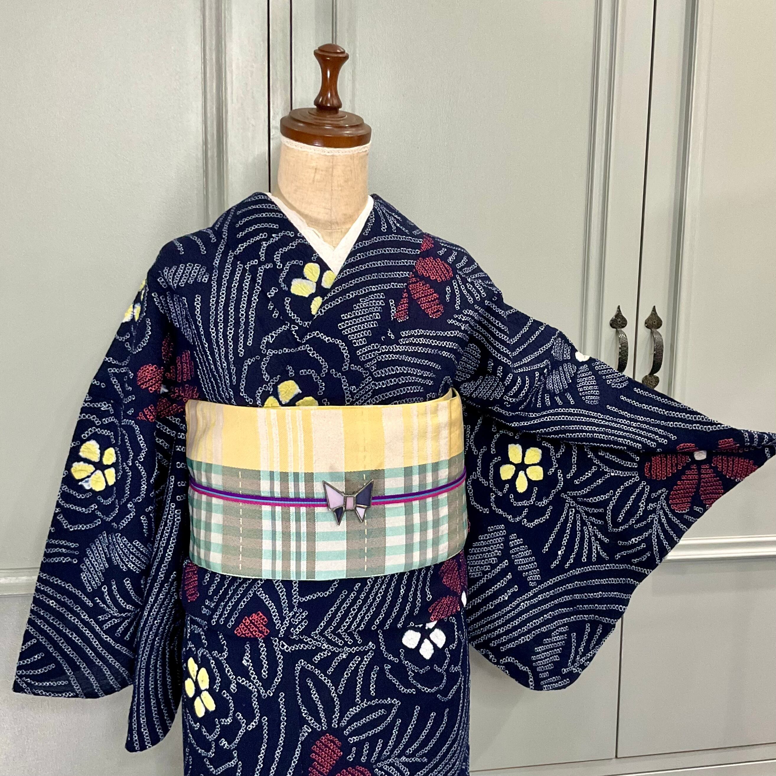 long＊夜風の花＊総絞り レトロ 花 フラワー 濃紺 紺 ネイビー レッド