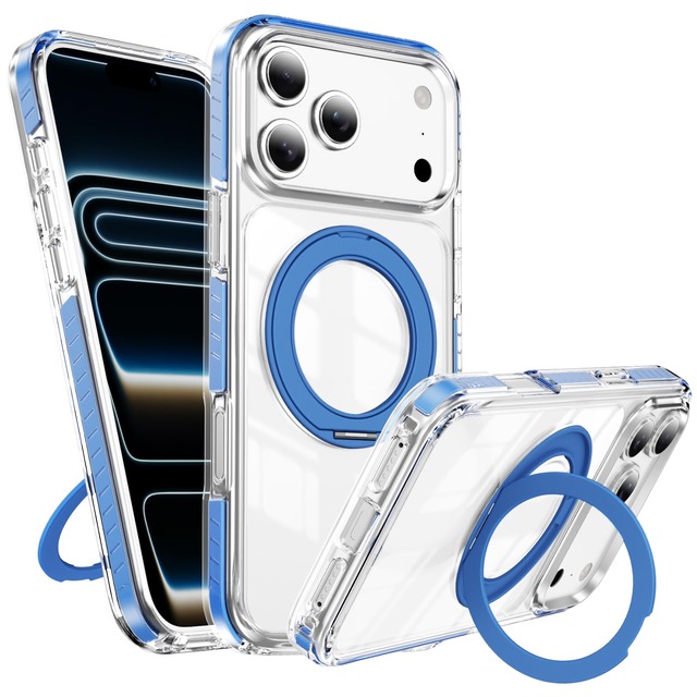 対応 iPhone 18 Pro Max/iPhone 17 Pro Max ケース TPU素材 クリア 360度回転 マグネットリングスタンド付き スマホケース ワイヤレス充電対応 車載ホルダー対応 耐衝撃 透明保護 アイフォン 18Pro Max/アイフォン 17Pro Max カバー 落下防止 薄型設計