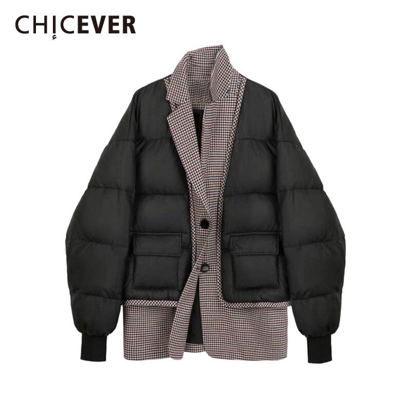 CHICEVERパッチワークパーカーレディースラペル長袖ヒットカラールーズオーバーサイズシックコットンライナーコート2020タイド ロング 6base595813283327