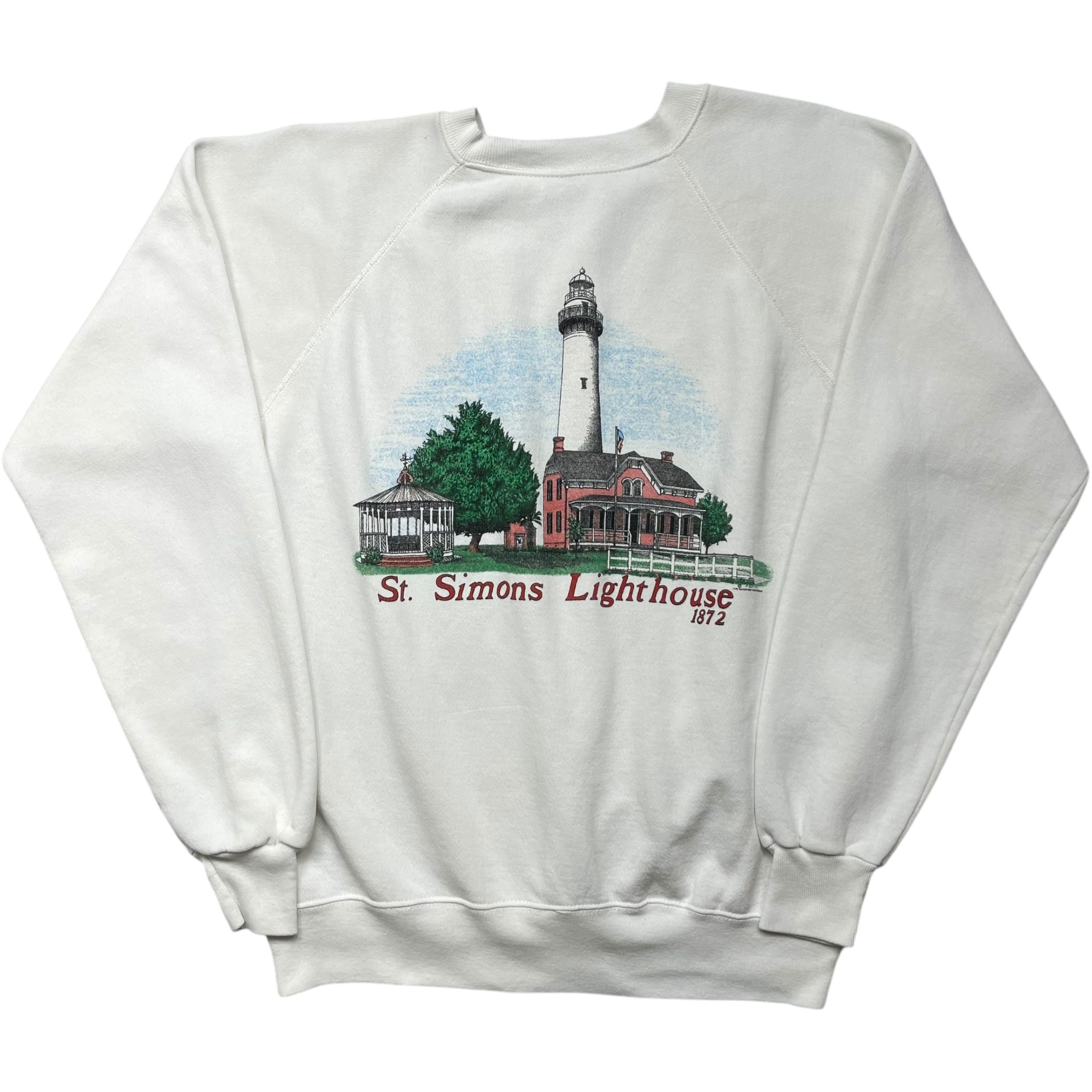 《L》 Hanes ヘインズ スウェット ラグランスリーブ セント・シモンズ灯台 プリント ホワイト USA製 80年代 vintage no.6712