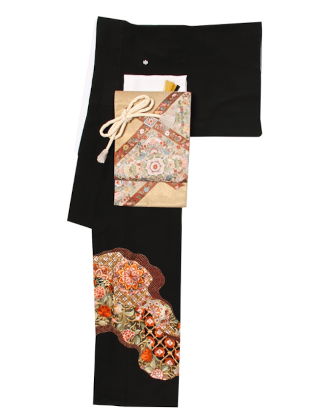 留袖【プレミアムレンタル】黒留袖セット　オレンジ系刺繍