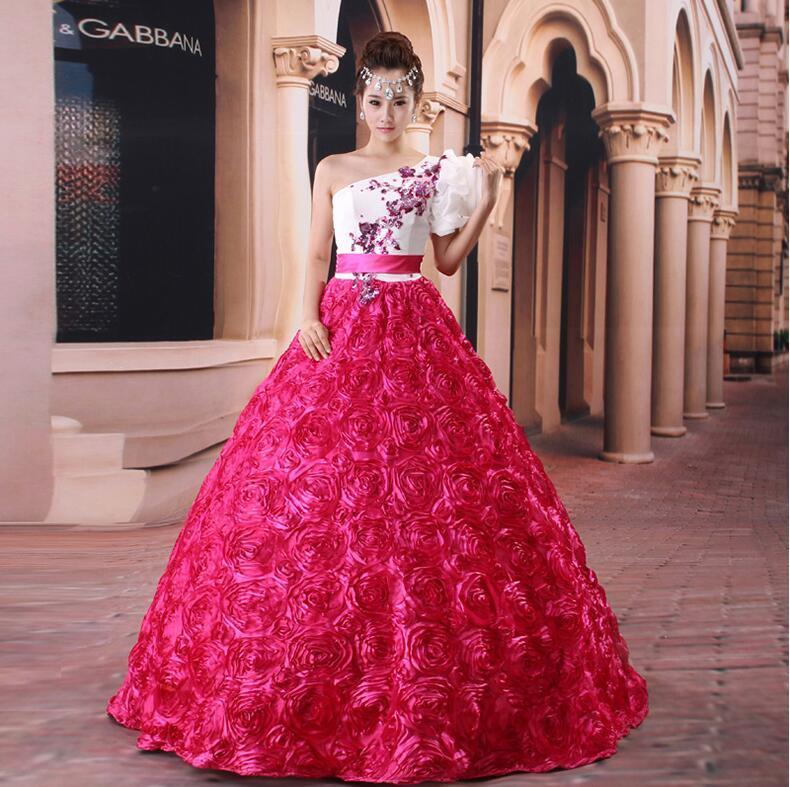 花柄 ウェディングドレス カラードレス ローズレッド 赤 青 3色 