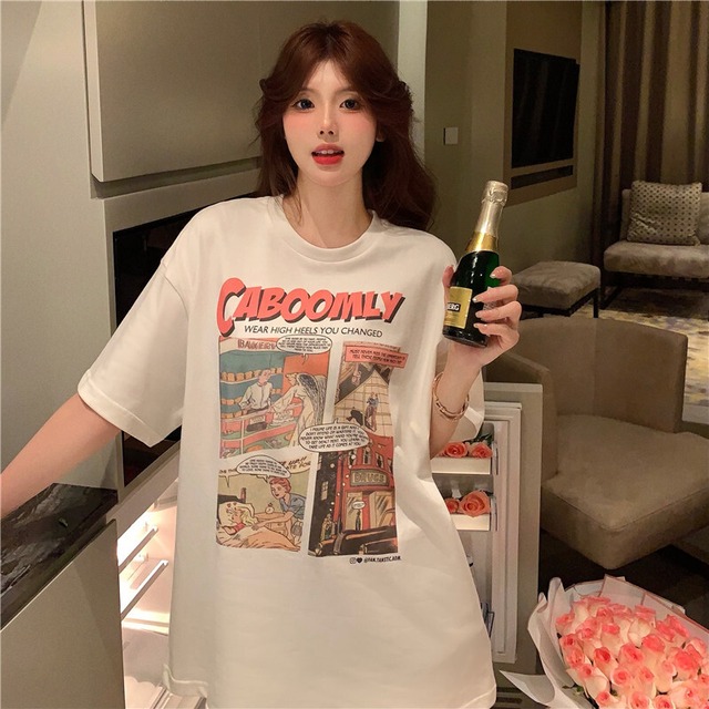 Tシャツ サマープリントルーズホワイトスリーブトップス 夏物 ブラックストロベリース15251547191