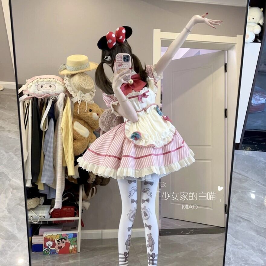 甘ロリ ピンクのストライプメイド服 コスチューム イベント コンカフェ