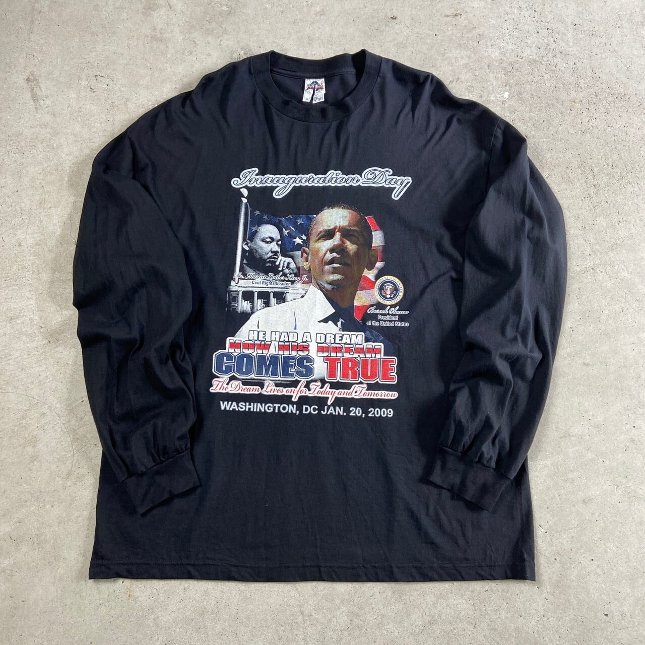 ビッグサイズ 00年代 バラク・オバマ 大統領就任記念日 BLACK HISTORY フォトプリント ロングTシャツ メンズ2XL 古着  00sビンテージ　ヴィンテージ マーティン・ルーサー・キング・ジュニア 黒人 偉人 人物 両面プリント バックプリント 長袖 ロンT ブラック 黒  ...