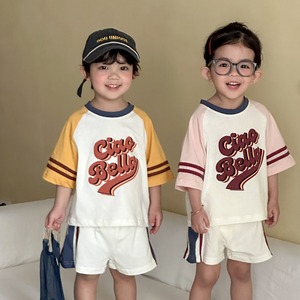 ラグランロゴセットアップ（イエロー／ピンク）QQMM 2026夏｜80-150cm｜上下セット｜Tシャツ｜子供服｜韓国子供服｜男の子 ［取寄］