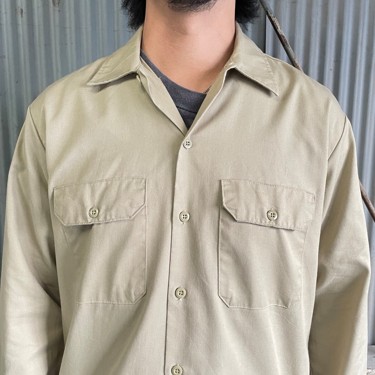 Dickies ディッキーズ 長袖 ワークシャツ メンズM 古着 カーキ 