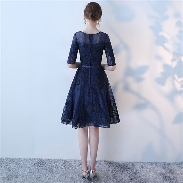 国内即納 即日配送 パーティードレス ネイビー レース チュール ファスナー ワンピース 5分袖 ミディアム ワンピ フォーマル ミニドレス カラードレス セレモニー セクシー 代 30代 イブニング お呼ばれ ナイト 結婚式 ゲストドレス Aライン Laドレス タイト
