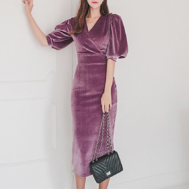 ワンピース パフスリーブ 紫 Vネック ロング Ol フォーマル 無地 パープル S M L Ll Dresszone