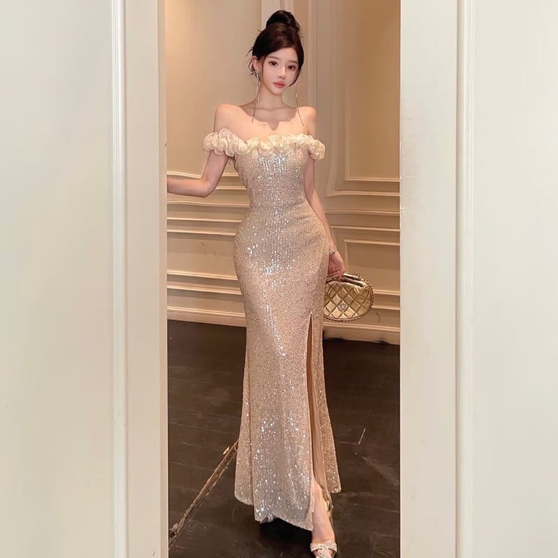 ロングドレス キャバドレス セクシー フレンチ風 エレガント オフショルダー フリル スリット スパンコール JC2-CD7-609-63210690