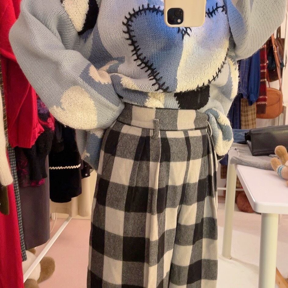 block check wool wide pants