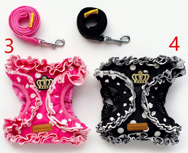 ドッグウェア　リード＆ハーネスセット　ブラック×ドット　犬服