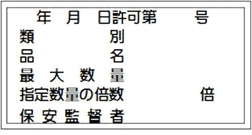 年月日許可、類別、品名、最大数量、指定数量の倍数、保安監督者　スチール普通山　SM10