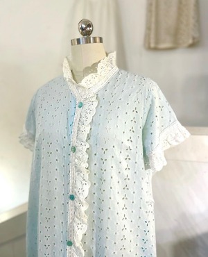 50's  vintage cotton nighty gown sax blue × cotton white lace